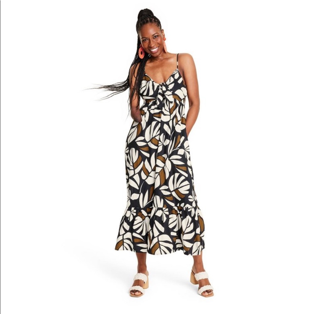 Tabitha Brown botanical print sleeveless tie front midi dress. XS & XXS